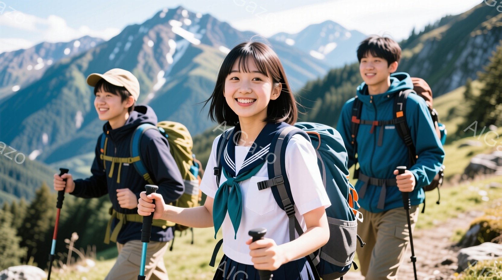 2人の若者がハイキングを楽しんでいる様子が写っている。女性はセーラー服を着ており、ショートヘアで笑顔を見せている。背景には、緑豊かな山々と青空が広がり、晴天の下、爽やかなアウトドアの雰囲気が漂っている。