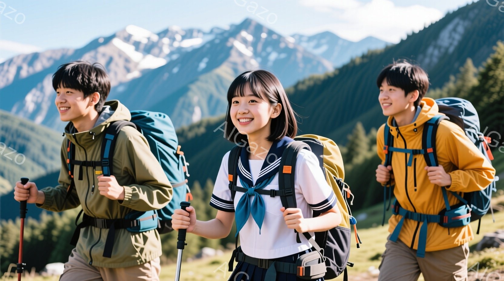 三人の若いハイカーが草原を歩いている写真です。中央の女性はセーラー服を着ており、他の二人の男性はそれぞれカーキ色と黄色のジャケットを着用しています。背景には雪をかぶった山々がそびえ立ち、晴天の下、明るい雰囲気のハイキングを楽しんでいる様子が伝わってきます。