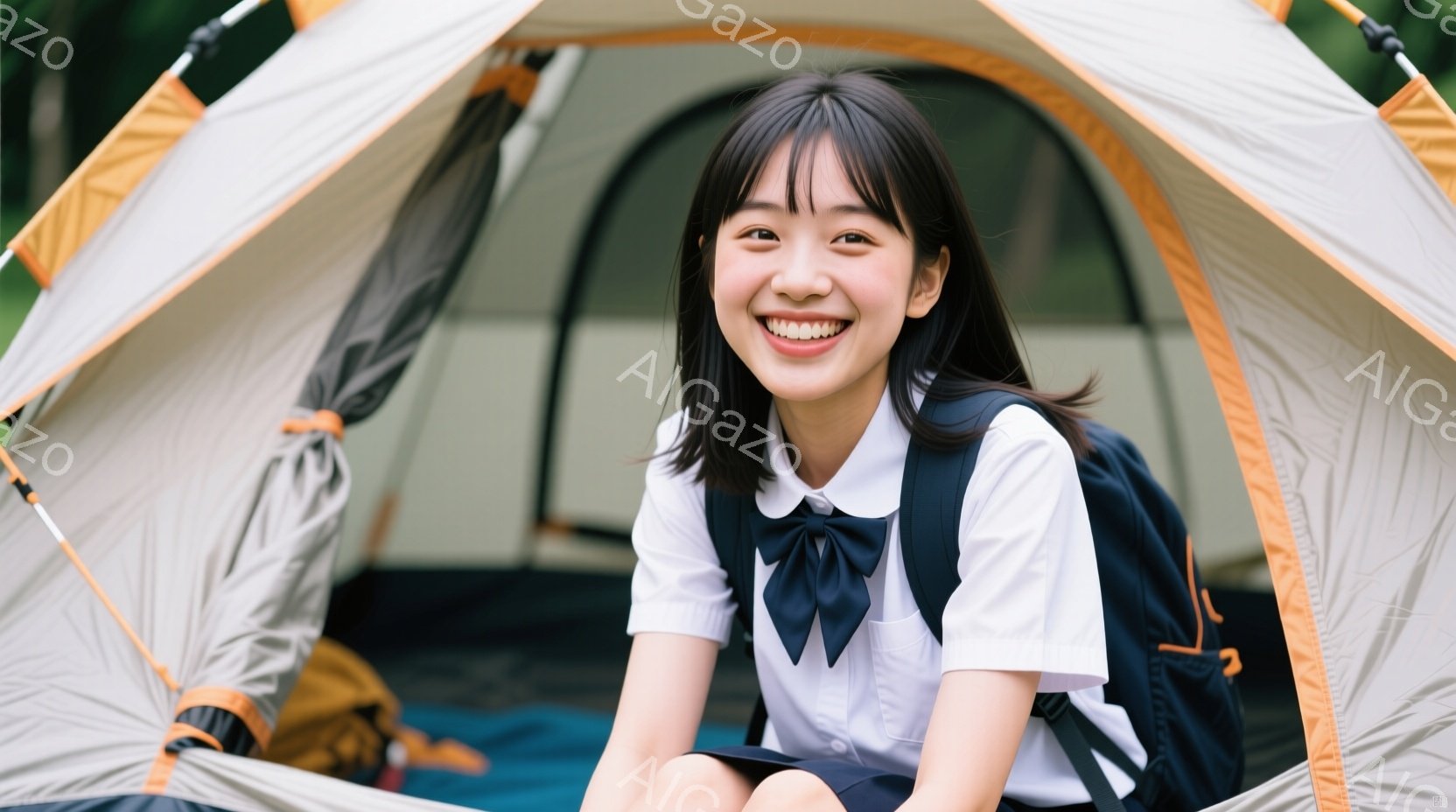 若い女性がテントの中に笑顔で座っています。紺色のリボンが特徴の白いブラウスとスカートの制服姿で、黒いバックパックを背負っています。テント内は明るく、背景には自然が見え、全体的に爽やかで楽しい雰囲気が漂 - AI生成フリー素材