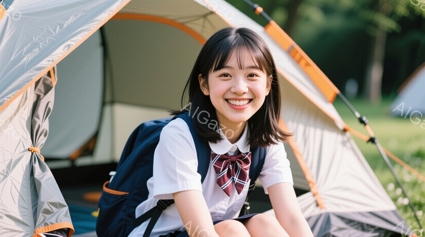 若い女性がテントの入り口付近に座っており、笑顔を見せています。彼女は白い半袖シャツにチェックのネクタイ、紺色のスカート、リュックサックを身に着けており、制服のような服装です。背景には緑豊かな自然が広が - AI生成フリー素材