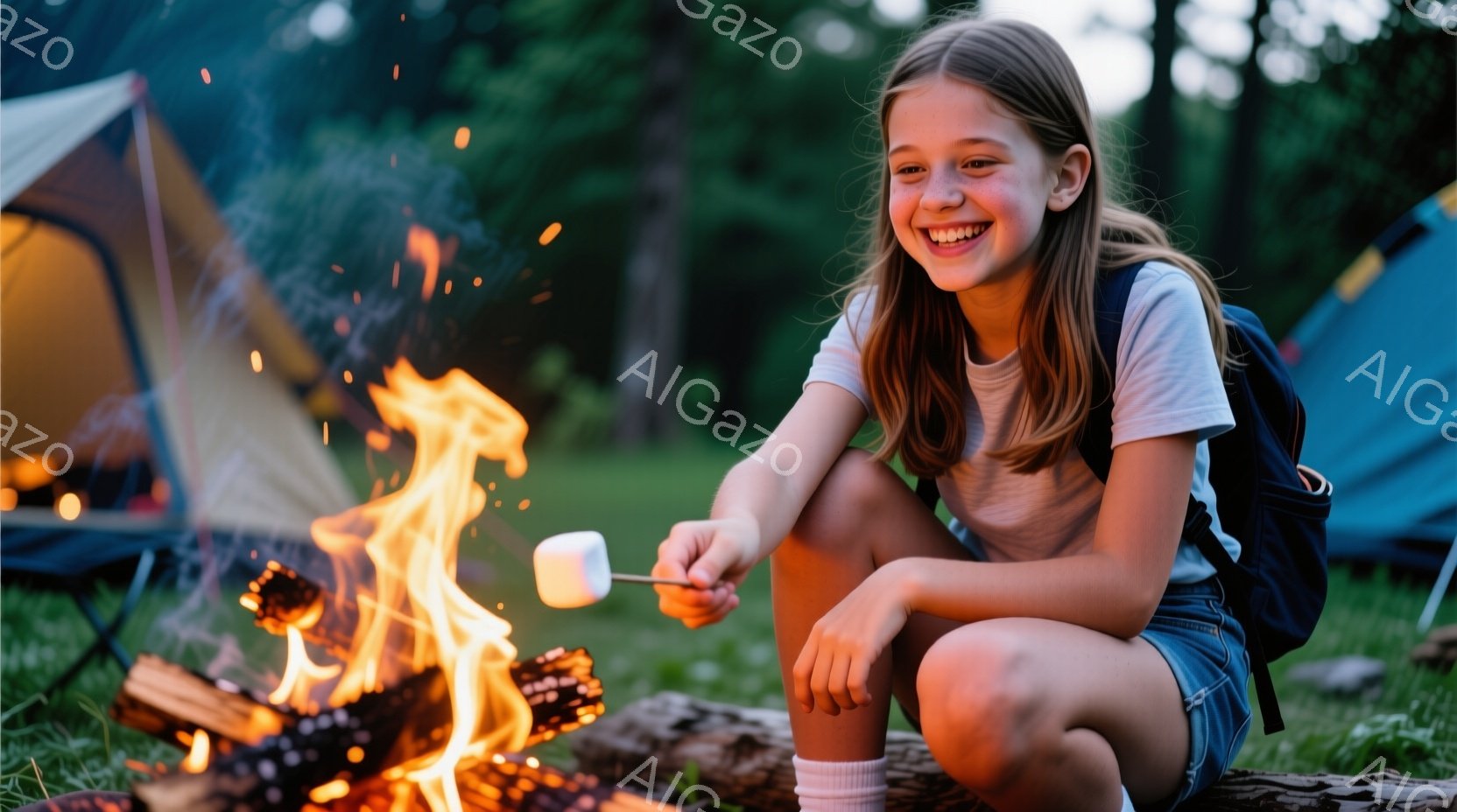 キャンプファイヤーのそばに座っている少女が写っています。彼女は白いTシャツ、デニムのショートパンツ、白い靴下を履き、長いブロンドの髪をしています。顔には笑顔が浮かび、マシュマロを棒に刺して火にかざしています。