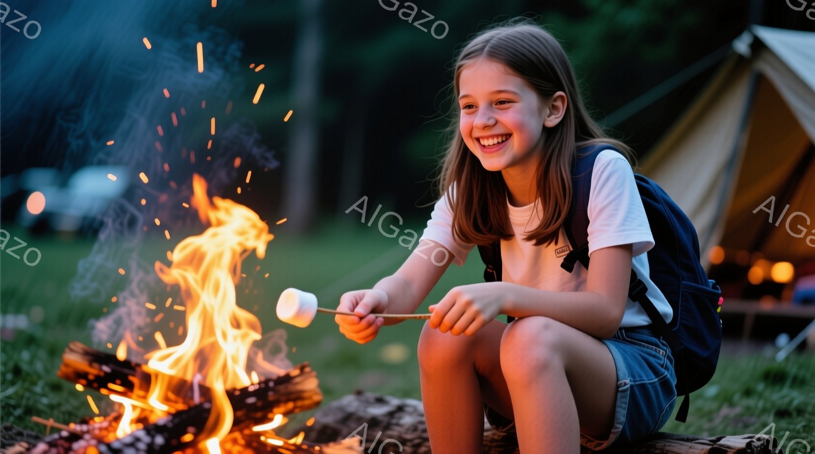 少女はキャンプファイヤーの前でマシュマロを焼いている。彼女は白いTシャツにデニムのショートパンツを着ており、長い髪は後ろで自然に垂れ下がっている。背景にはテントや木々が見え、夜のキャンプ場の温かく、楽しい雰囲気が漂っている。