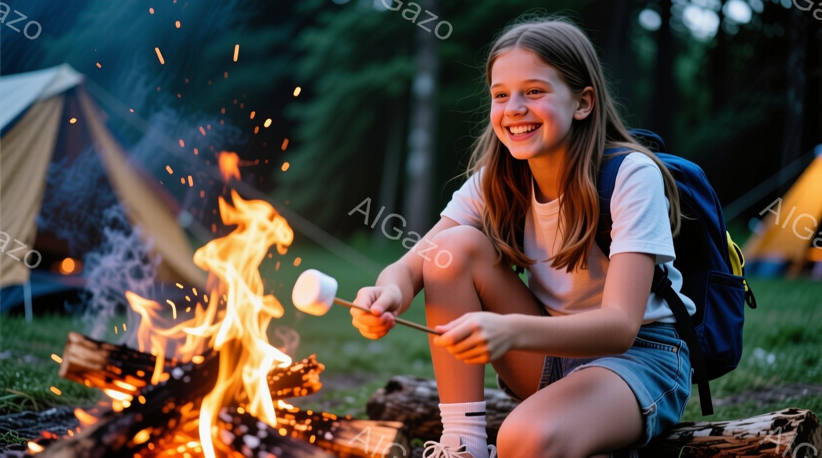 少女はキャンプファイヤーのそばに座り、マシュマロを焼いている。彼女は白いTシャツと短パン、白い靴下を履いており、明るい笑顔を見せている。背景にはテントがいくつか見え、緑豊かな自然の中で、温かく楽しい雰囲気が漂っている。