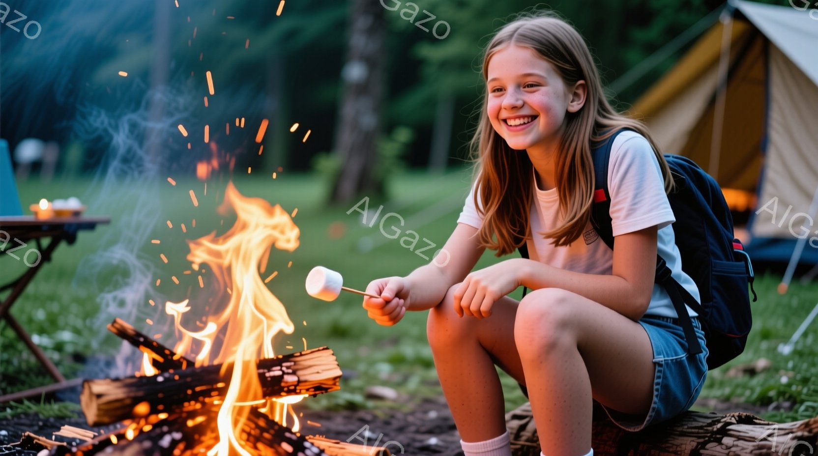 金髪の少女がキャンプファイヤーのそばに座り、マシュマロを焼いている。彼女は白いTシャツ、デニムのショートパンツ、白い靴下を履き、リュックサックを背負っている。背景にはテントが見え、周囲は緑豊かな自然に囲まれており、明るく楽しい雰囲気が漂っている。