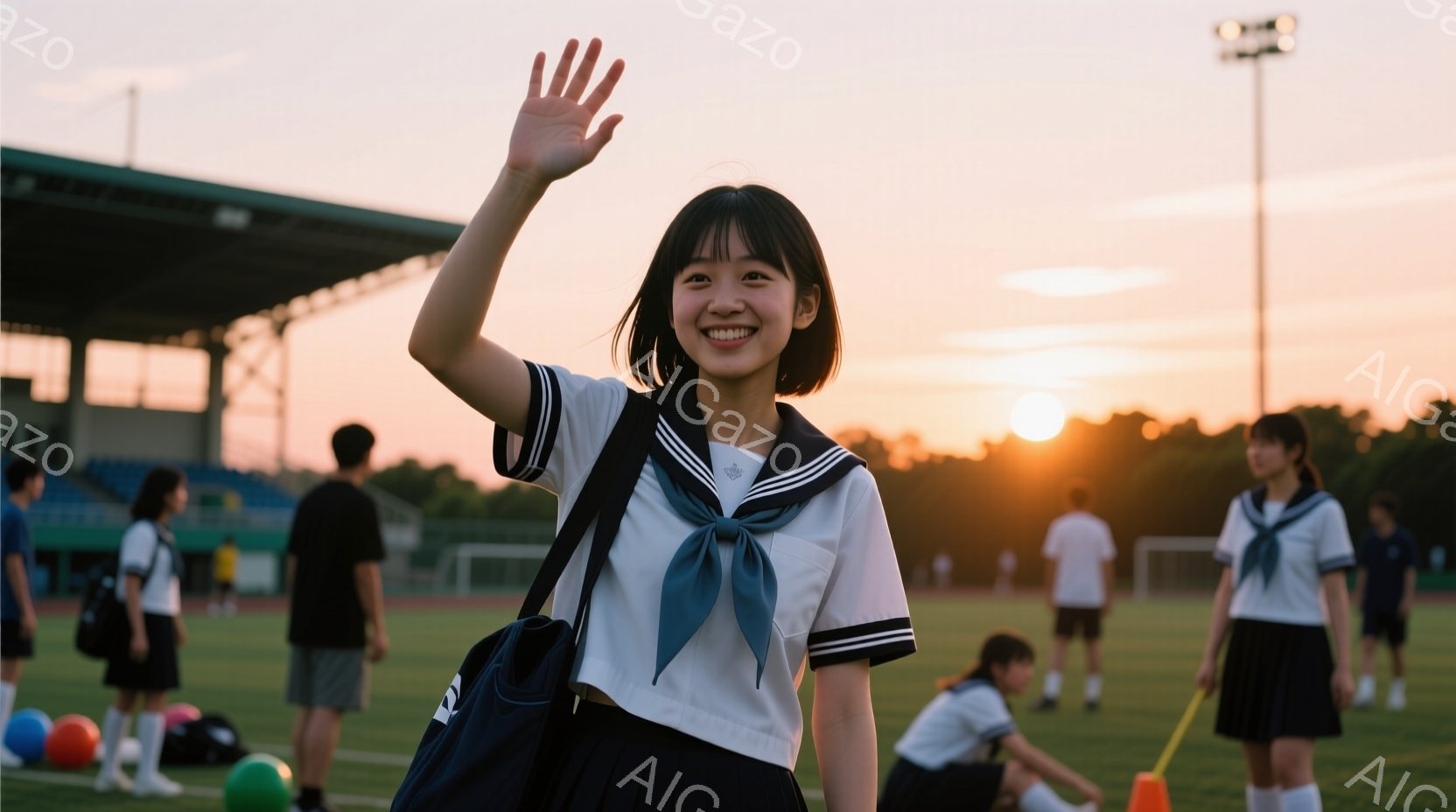 制服姿の女子学生が、夕焼けの照らすサッカーグラウンドで、満面の笑みで手を振っています。彼女は紺色のリボンとブレザー、プリーツスカートを身につけ、肩にバッグをかけています。背景には、他の生徒たちが練習の様子で写っており、夕焼けがグラウンドをオレンジ色に染め、温かく優しい雰囲気を醸し出しています。