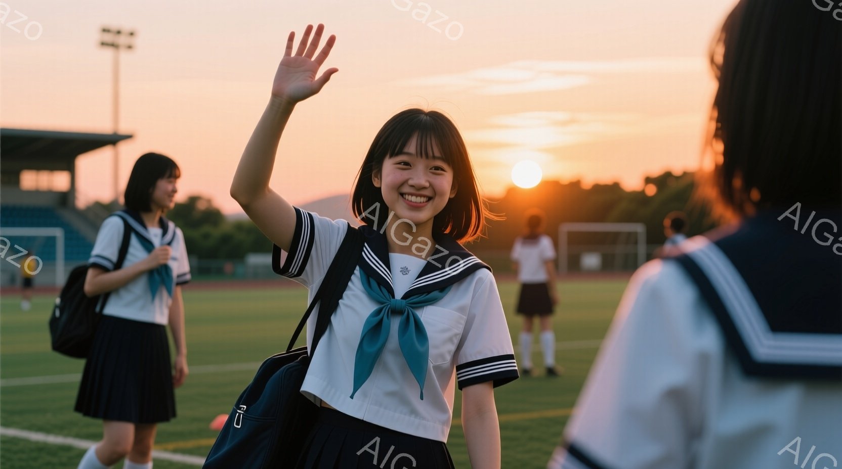 制服を着た女子高生が、サッカー場のような場所で手を振っています。彼女は明るい笑顔を見せ、紺色のリボンと白のブラウス、プリーツスカートという制服姿です。背景には夕焼け空と、緑の芝生、遠くに見える建物や山々が広がっており、温かく希望に満ちた雰囲気が漂っています。