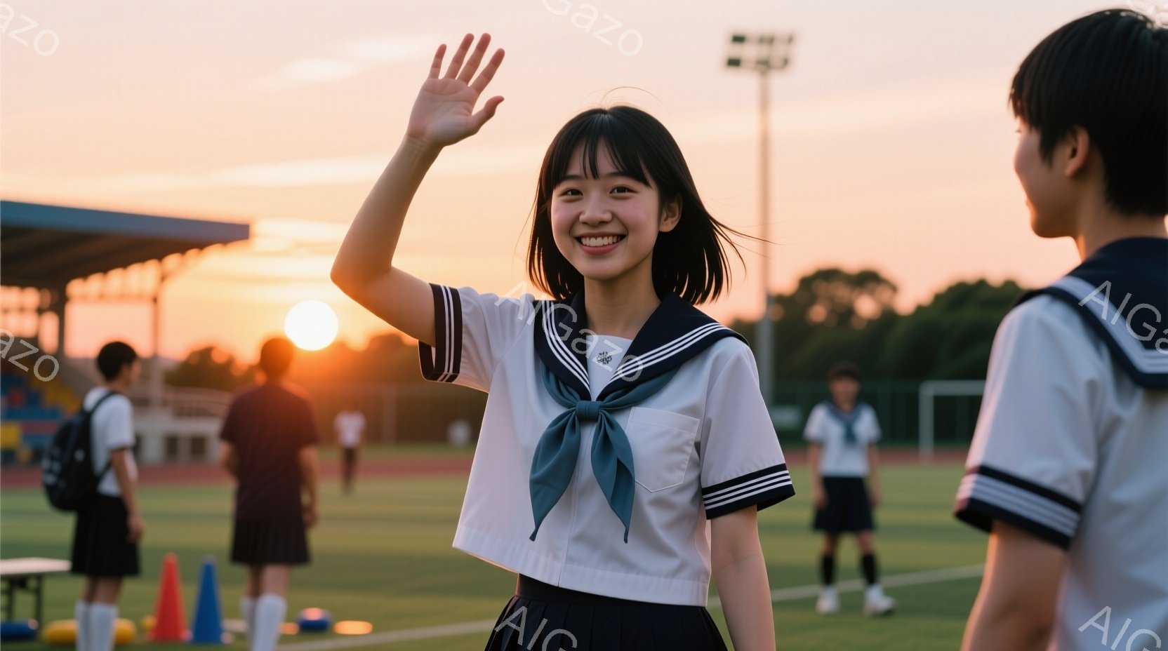 紺色のブレザーとチェックのスカートを着用した女子学生が、満面の笑顔で手を振っています。彼女は短い黒髪で、元気いっぱいの表情をしています。背景にはサッカー場、夕焼け空、そして遠くの建物が見え、明るく活気のある雰囲気が漂っています。