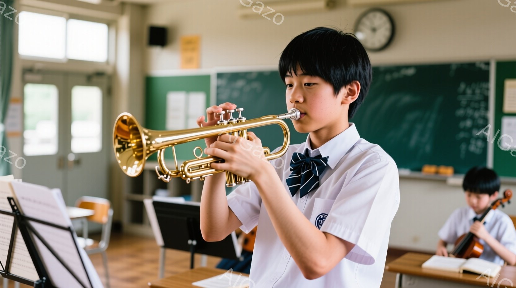 制服を着た少年が真剣な表情でトランペットを吹いています。彼は短髪で、ネクタイを締めており、集中した眼差しで楽器に臨んでいます。背景には、他の生徒たちが楽器の練習をしている教室があり、黒板には何らかの文 - AI生成フリー素材