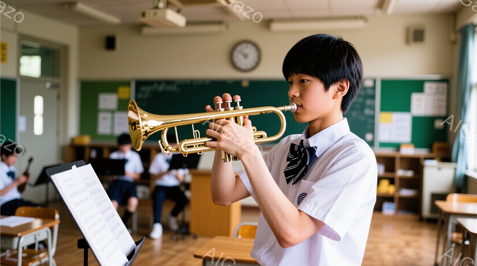 少年は制服を着てトランペットを吹いています。彼は真剣な表情で、楽器に集中している様子です。教室には他の生徒たちがおり、楽譜が置かれた机や黒板が見え、音楽の授業が行われている雰囲気が伝わってきます。 - AI生成フリー素材