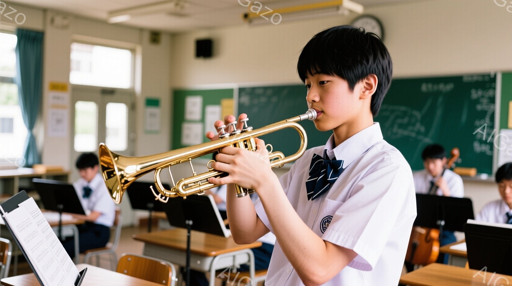制服を着た少年がトランペットを吹いています。彼は真剣な表情で、楽器に集中しており、姿勢もまっすぐです。教室には他の生徒たちが楽器を構え、楽譜が置かれた机が並び、練習風景を捉えています。 - AI生成フリー素材