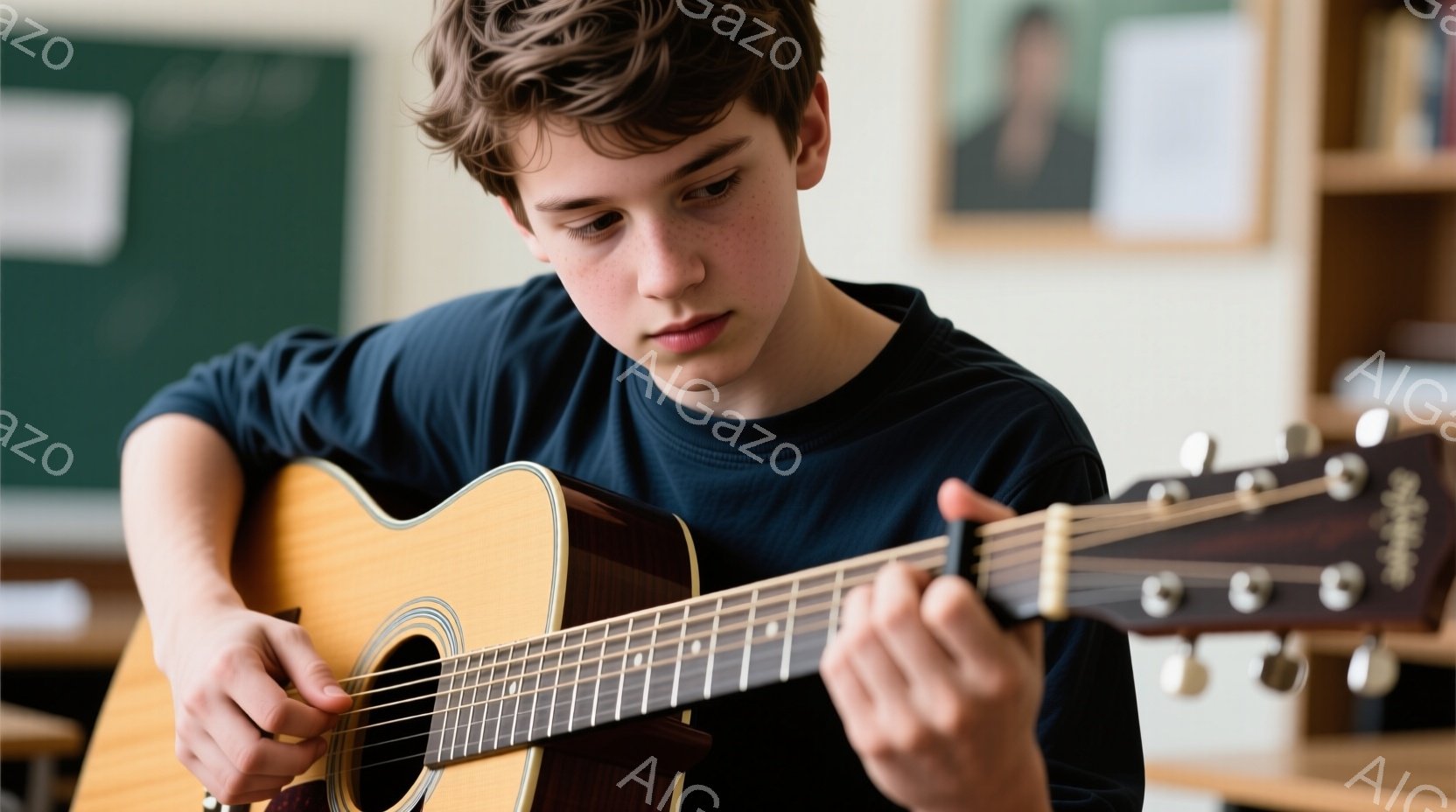 若い男性がアコースティックギターを演奏している様子が写っています。彼は濃い青色の長袖シャツを着ており、少しカールした茶色の髪をしています。集中した表情でギターの弦を抑えており、背景には木製の机や壁に掛けられた絵が見え、教室のような空間であることがわかります。