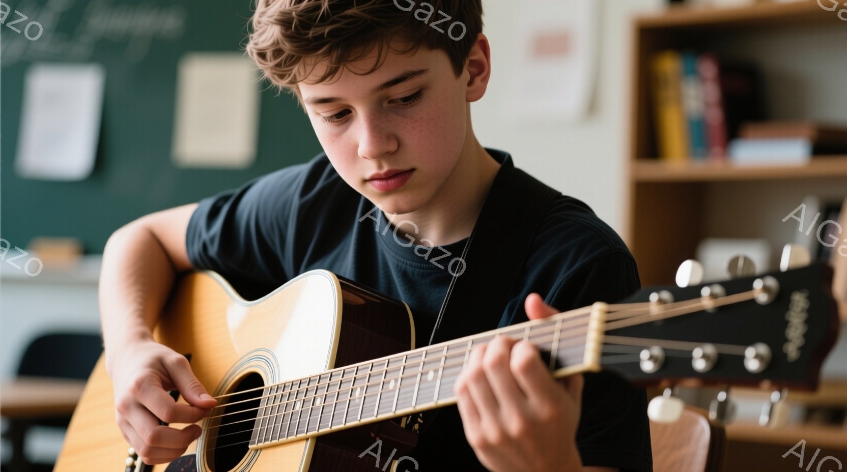 若い少年がアコースティックギターを演奏している様子が写っている。彼は黒いTシャツを着ており、少しカールした髪をしている。集中した表情で弦を指で押さえており、教室のような背景には本棚が見える。