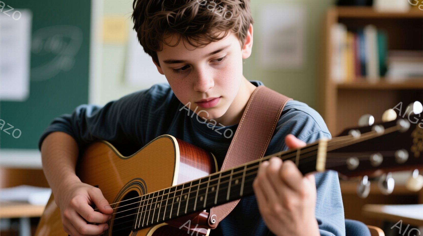 若い少年がアコースティックギターを演奏している様子が写っている。彼は青い長袖のシャツを着ており、少しカールした茶色の髪をしている。集中した表情でギターの弦を指で押さえ、真剣な眼差しで演奏に臨んでいる。