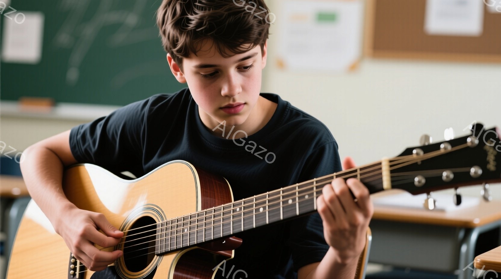 若い男性がアコースティックギターを弾いています。彼は黒いTシャツを着ており、少し無頓着な髪型で、集中した表情をしています。背景には教室の机と壁があり、ギターに集中している彼の姿が強調されています。 - AI生成フリー素材