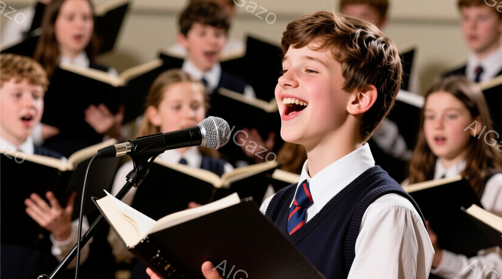 男の子がマイクに向かって歌っており、明るい笑顔を浮かべている。彼は白いシャツにネイビーのベスト、赤いネクタイ姿で、楽譜を見ながら歌っている。背景には他の子どもたちが楽譜を持って整列しており、コーラスの様子が伺える、暖かく希望に満ちた雰囲気である。