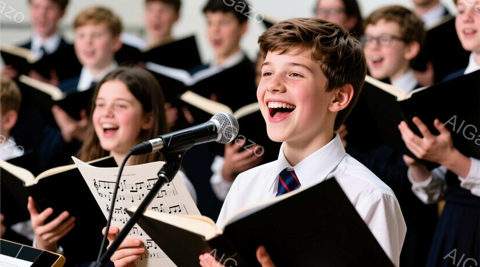 少年たちが合唱している写真です。彼らは白いシャツとネクタイ、そして濃い色のブレザーを着ており、楽譜を開いて歌っています。一番前の少年はマイクに向かって大きく口を開けて歌っており、皆、明るく笑顔で、活気に満ちた雰囲気です。