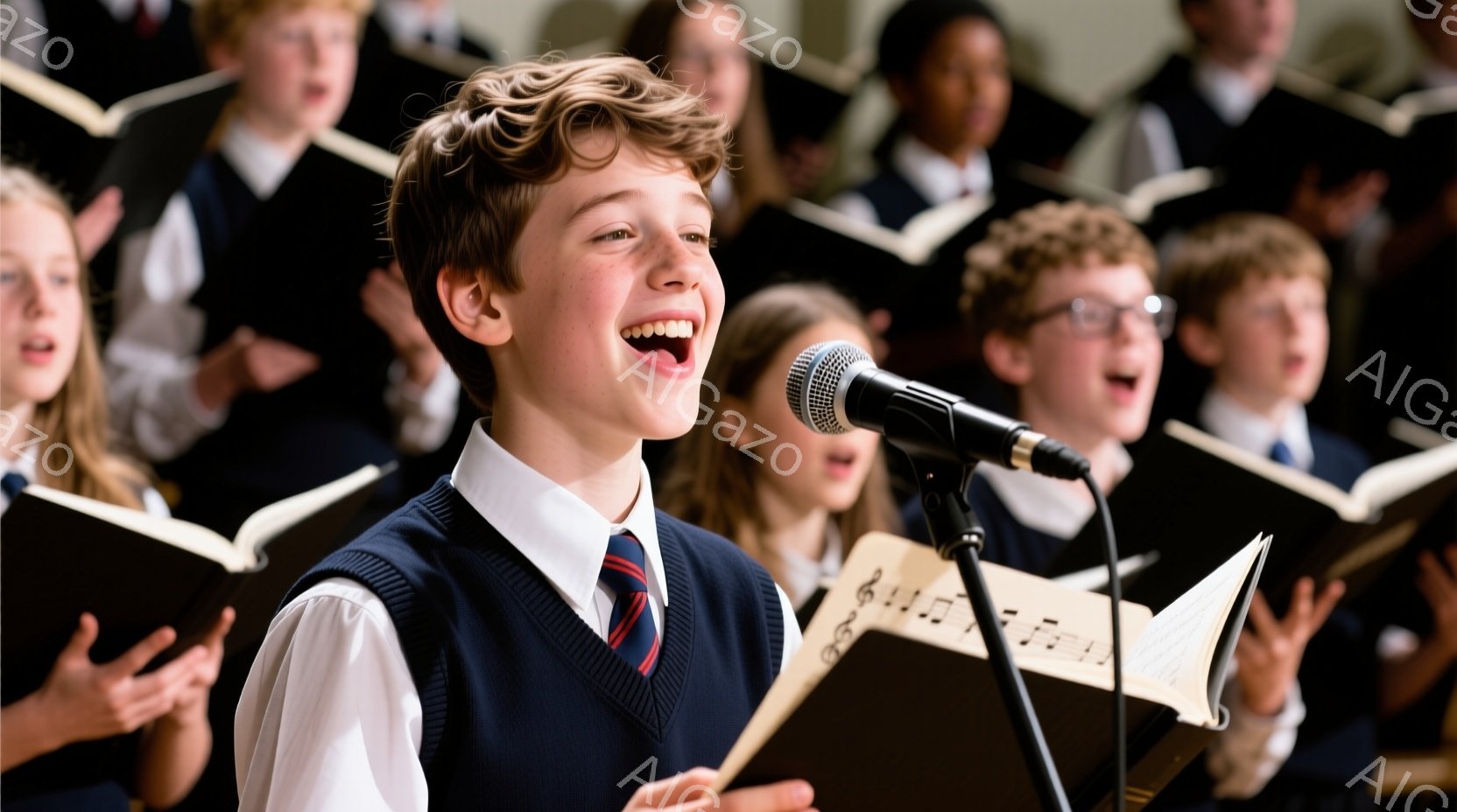 少年がマイクロフォンに向かって歌っており、明るい笑顔を浮かべている。紺色のベストと白いシャツにネクタイ姿で、背後には楽譜を開いて歌う他の子供たちのグループが見える。全体的に、コンサートや合唱団の練習といった、明るく活気のある雰囲気が漂っている。