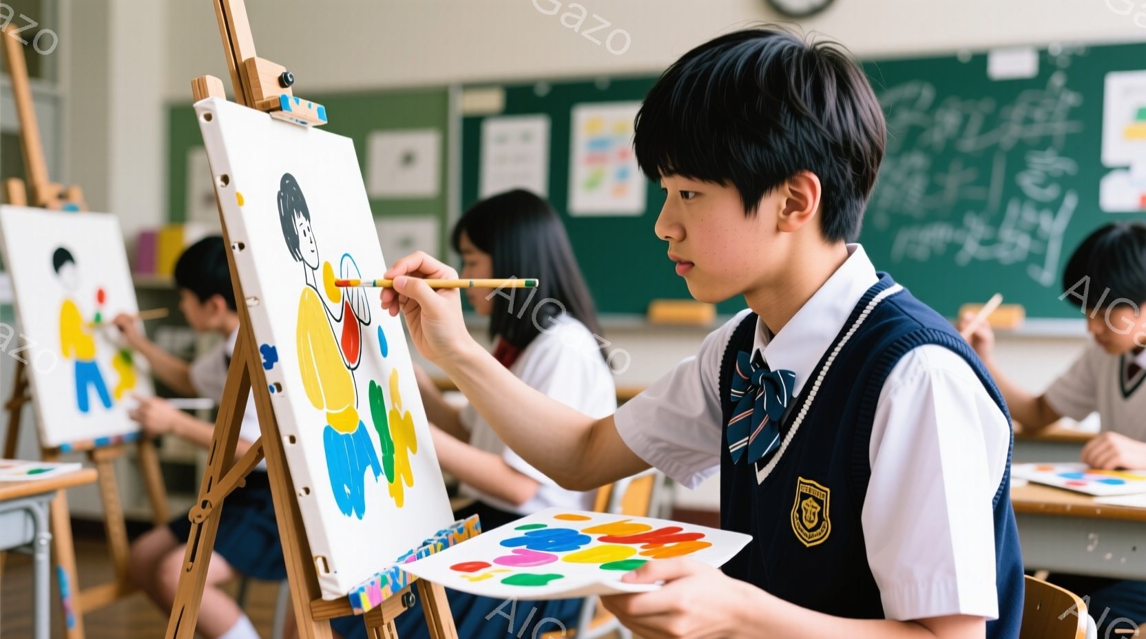 制服を着た少年がイーゼルに向かって絵を描いている様子が写っている。少年は黒髪で、集中した表情で筆を動かし、パレットには様々な色の絵の具が並んでいる。教室の背景には他の生徒たちが描いた絵や、黒板に書かれた文字が見え、明るく活気のある雰囲気である。