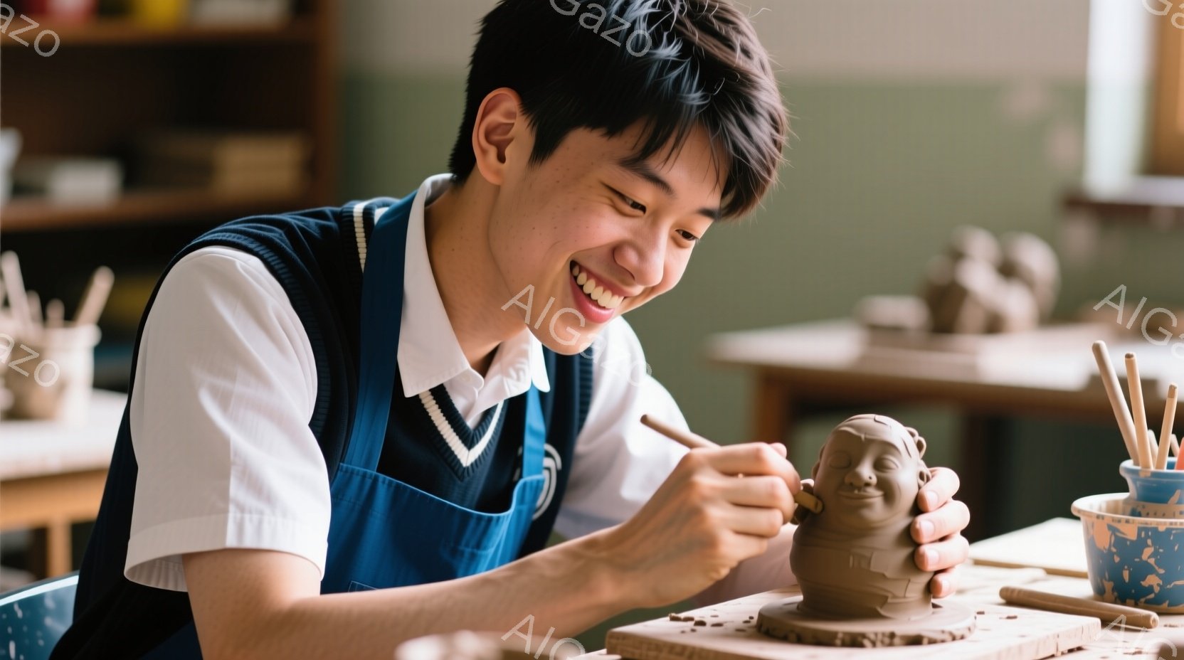 若い男性が陶芸に夢中になっている様子が写っている。彼は白いシャツに濃い青のベストを着用し、笑顔で粘土の人形を彫刻している。背景には他の陶芸作品や作業台が見え、アトリエのような室内で陶芸を楽しんでいる温かい雰囲気が伝わってくる。