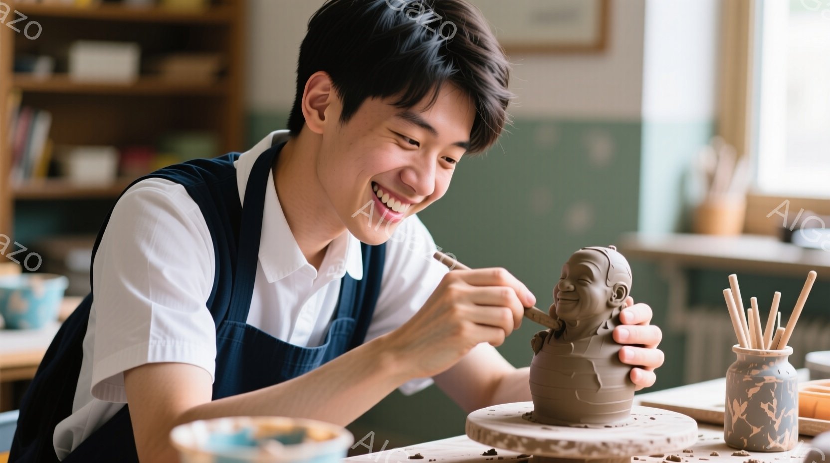 若い男性が陶芸に取り組んでいます。彼は白いシャツに濃い青の作業着を着ており、笑顔で粘土の人形を彫刻刀で細かく作り込んでいます。背景には陶芸道具や作品が並び、アトリエのような暖かく創造的な雰囲気が漂っています。