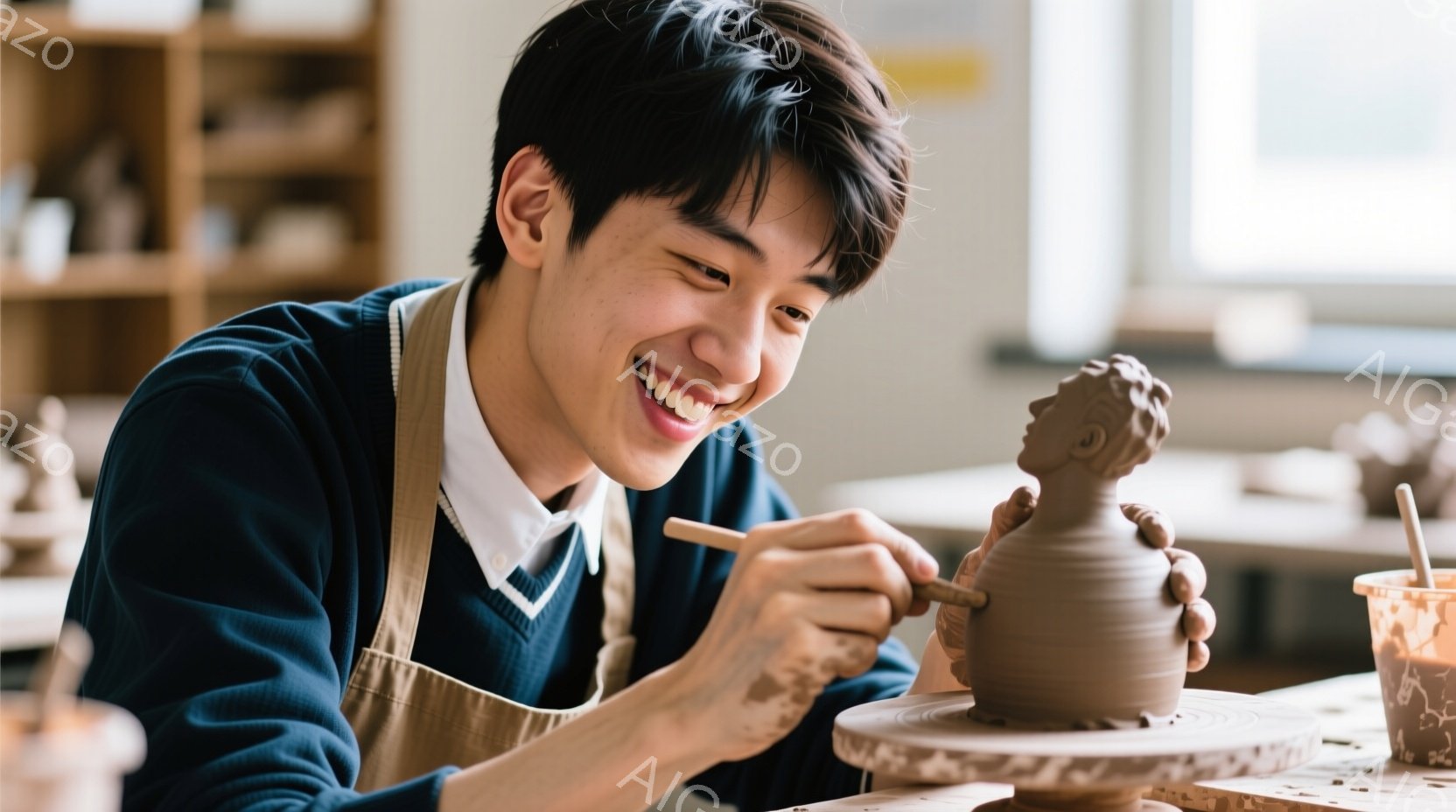 若い男性が陶芸に取り組んでおり、土で作られた人物像のようなものを彫刻している。彼は紺色のセーターにベージュのエプロンを身につけ、短く整えられた黒髪で、満面の笑みを浮かべている。背景には陶芸作品が並んだ棚が見え、明るく温かい雰囲気の工房で作業している様子が伺える。