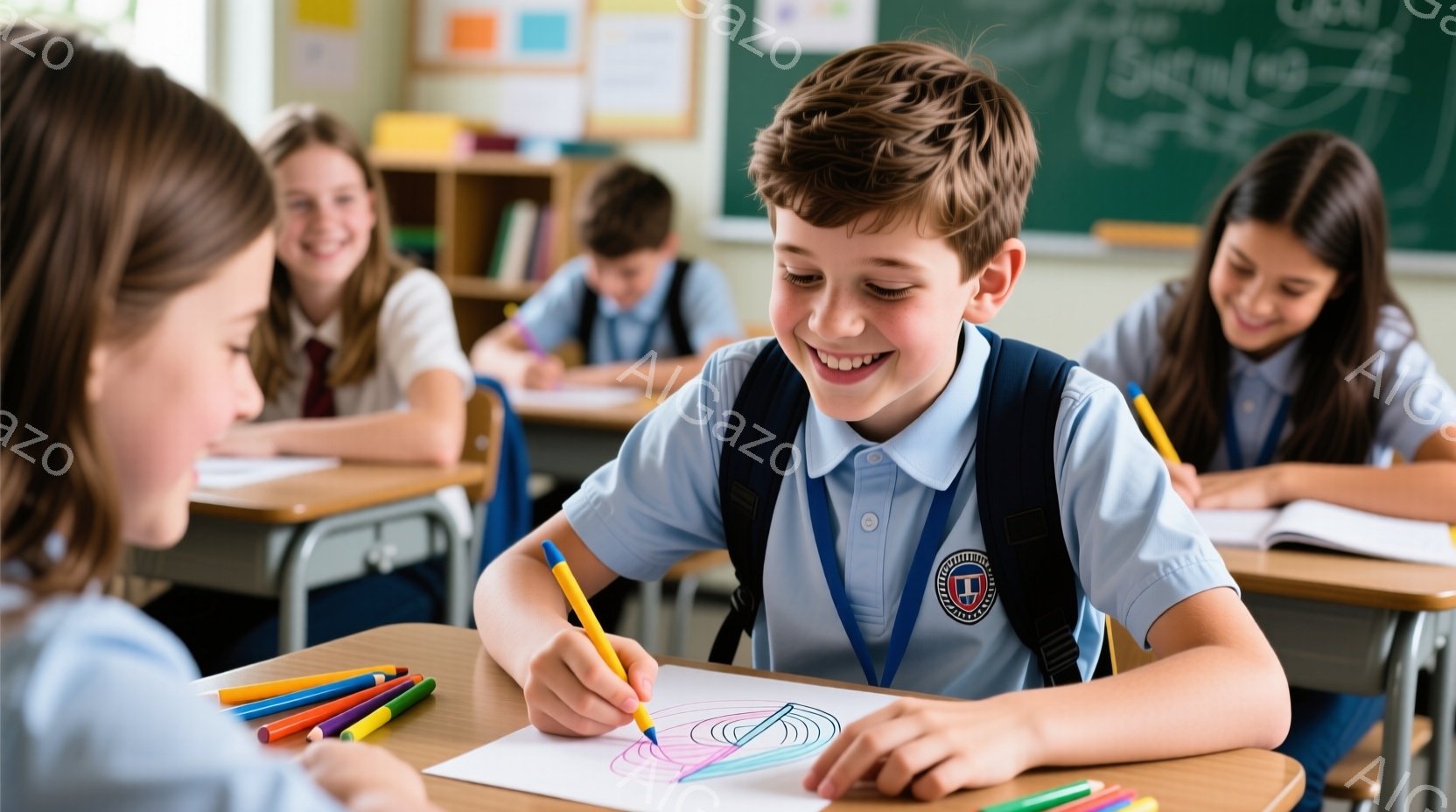 教室の中で、少年が机に向かって絵を描いています。彼は明るいブルーのポロシャツとグレーのズボンを着用し、笑顔で集中しています。背景には他の生徒たちが座っており、黒板には何らかの文字が書かれています。 - AI生成フリー素材
