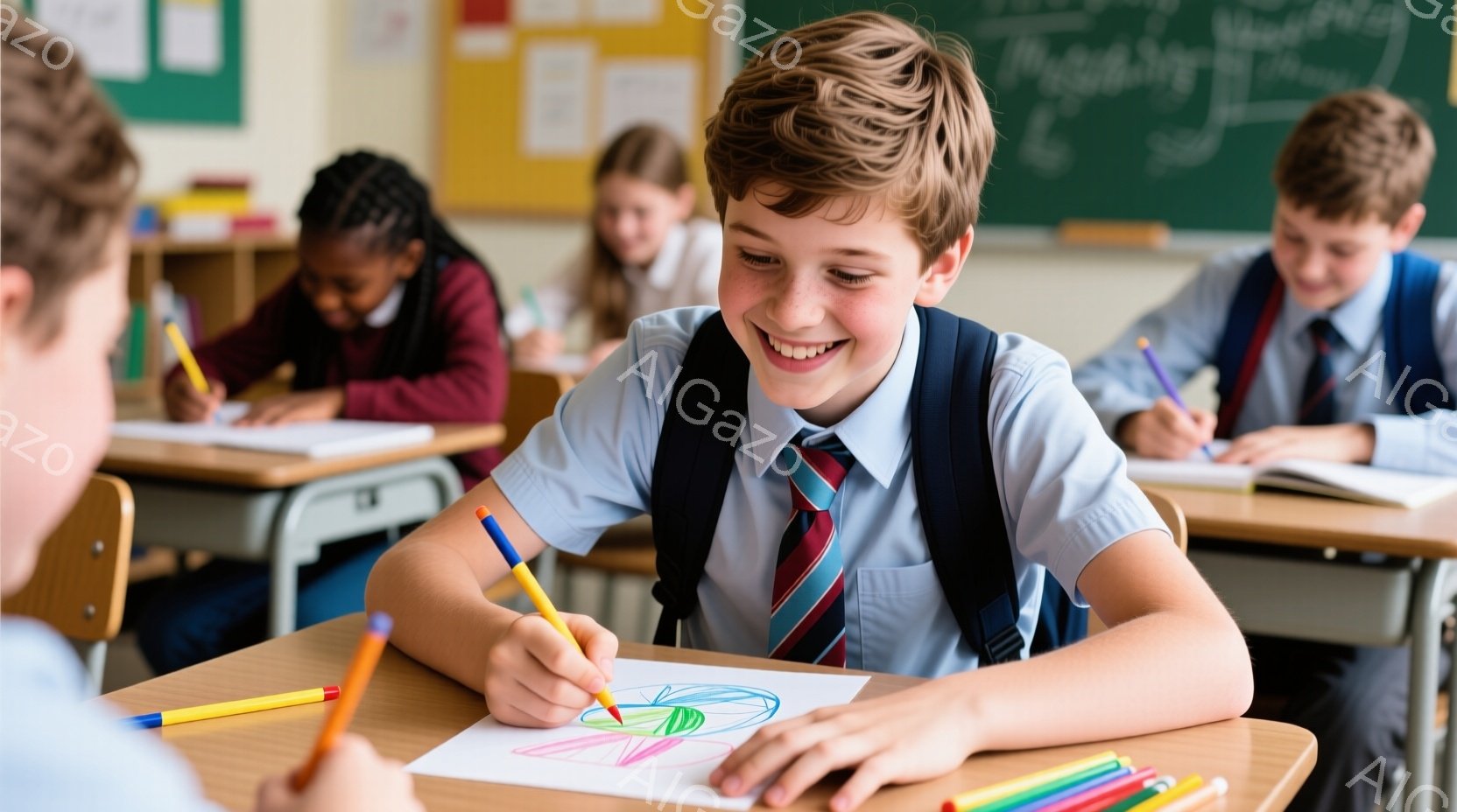 少年は教室で絵を描いており、明るい笑顔を浮かべている。彼は青いシャツにネクタイ、そしてリュックサックを背負っており、集中して色鉛筆で紙に色を塗っている。背景には他の生徒たちが座っており、黒板には文字が書かれている、活気のある教室の様子が伺える。