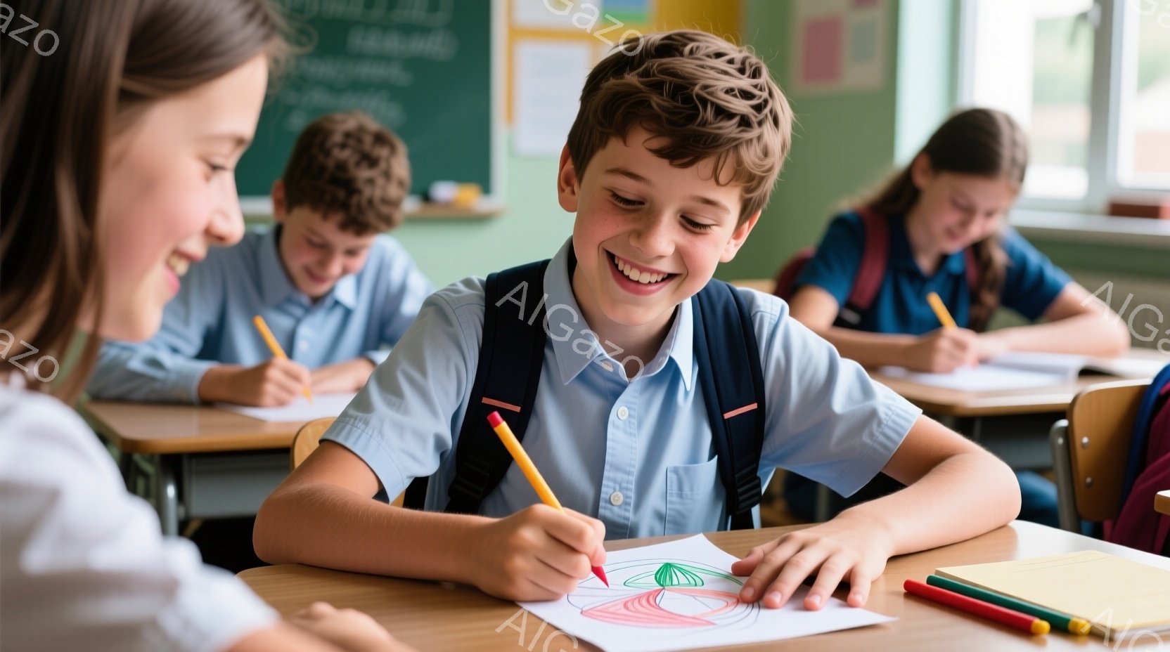 教室で男の子が絵を描いており、満面の笑みを浮かべている。彼は水色のシャツを着ており、茶色の髪は短く整えられている。背景には他の生徒たちが描いており、明るい光が差し込み、温かく活気のある雰囲気を醸し出している。