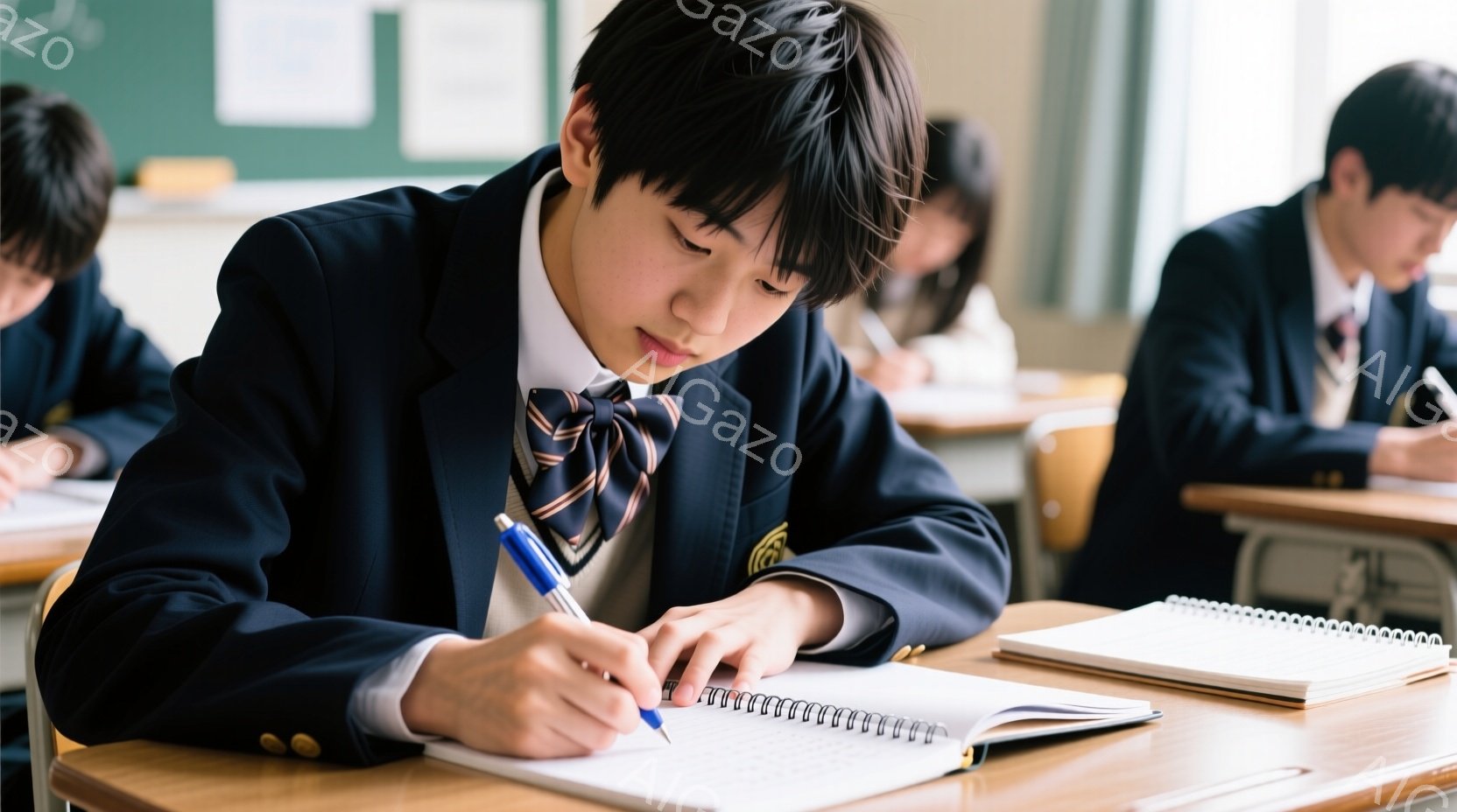 制服を着た男子生徒が、集中してノートにペンで書き込んでいる様子が写っている。彼は紺色のブレザーにネクタイ、短髪で、やや前かがみの姿勢で、真剣な表情をしている。教室には木製の机が並び、他の生徒たちも授業に取り組んでおり、全体的に落ち着いた学習の雰囲気が漂っている。
