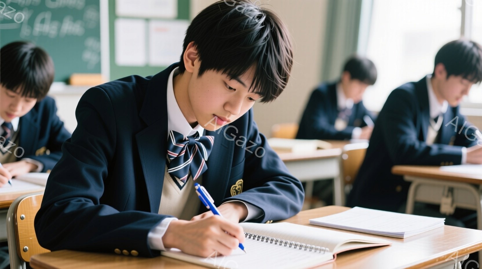 制服を着た男子学生が、木製の机に向かって真剣な表情でノートに書き込んでいる様子が写っている。紺色のブレザーにストライプのネクタイを締め、黒髪を短く整えている。教室の奥には他の生徒も座っており、学習に集中している静かで落ち着いた雰囲気が感じられる。