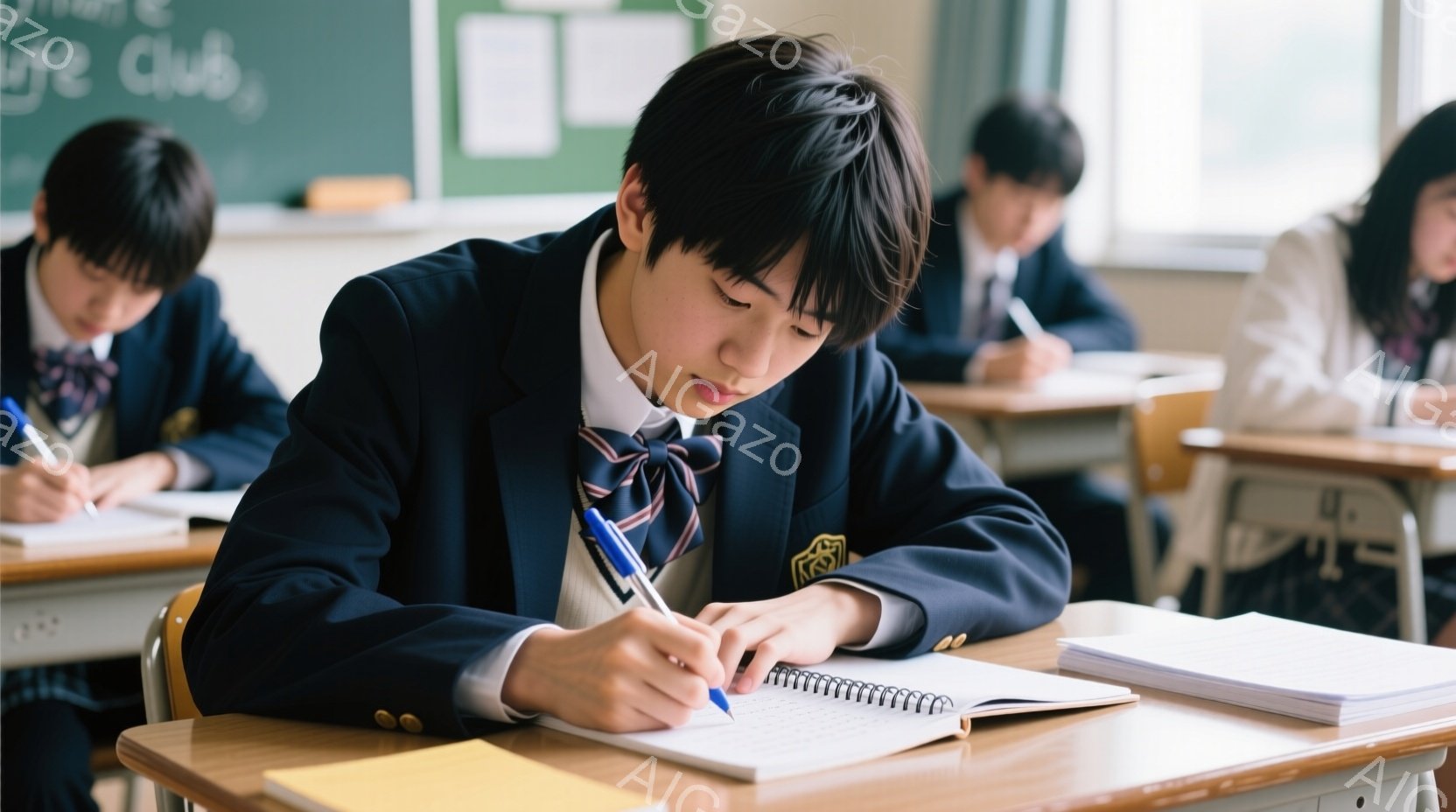 制服を着た男子学生が、授業中に机に向かって真剣な表情でノートにペンで書き込みをしている。彼の髪は黒く、短く整えられ、集中した視線はノートに固定されている。背景には他の生徒たちも授業を受けており、教室の - AI生成フリー素材