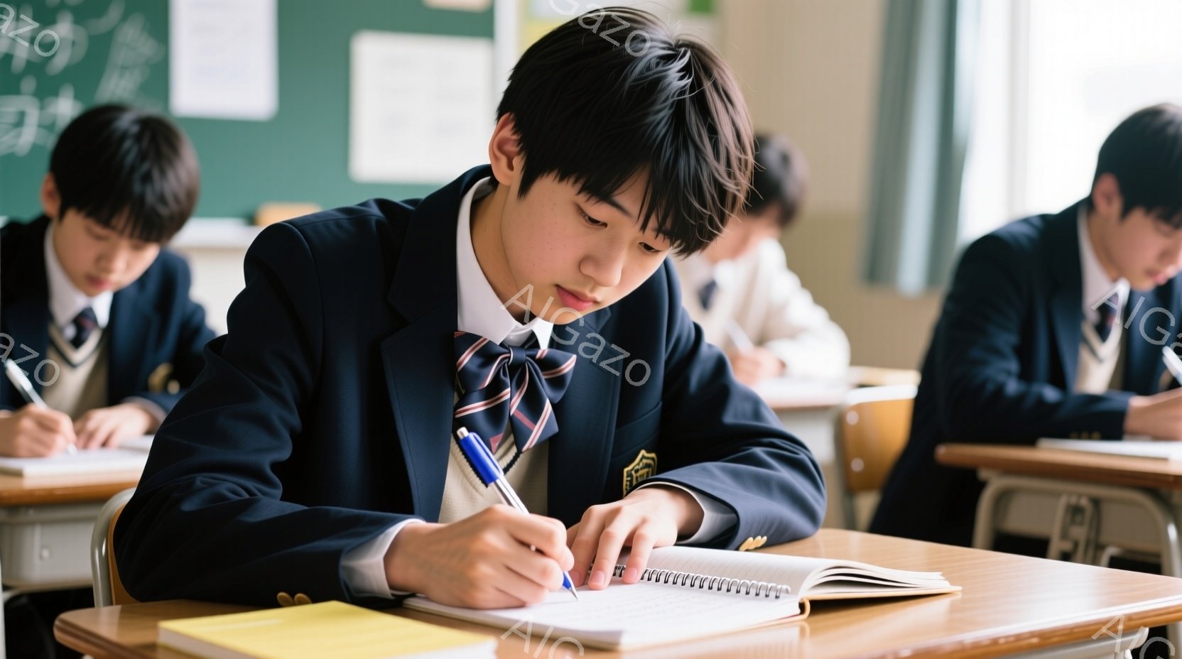 制服を着た男子学生が、授業中にノートに集中して書き込んでいる様子が写っている。彼は黒髪で、前髪を少し下ろしたヘアスタイルであり、真剣な表情でペンを握っている。背景には、他の生徒たちや黒板が見え、教室の - AI生成フリー素材