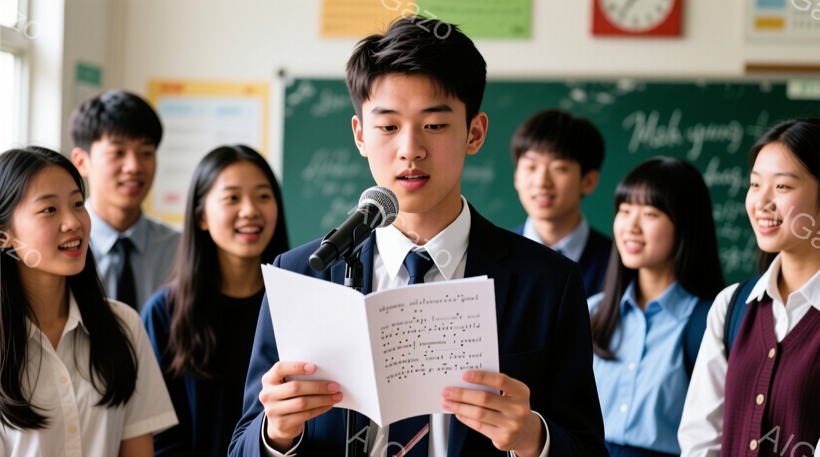 制服を着た少年が、友達に見える写真を数枚手に持っており、満面の笑みを浮かべている。背景には緑豊かな木々と学校の建物が見え、晴れた日の穏やかな雰囲気が伝わってくる。少年と友達は互いに向き合い、楽しそうな様子で会話しているようだ。