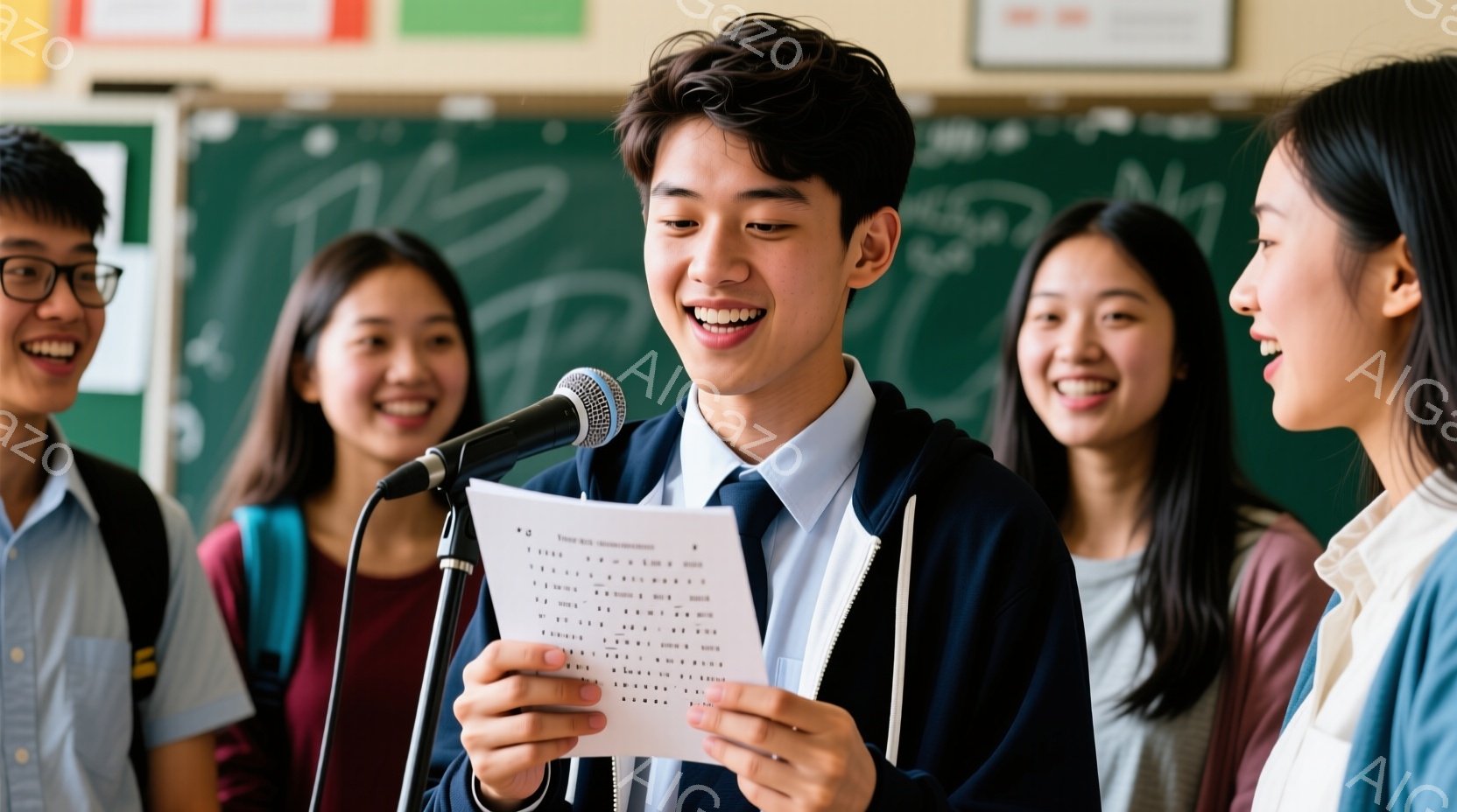 若い男性がマイクに向かって何かを読み上げており、笑顔で自信に満ちた表情をしている。彼は紺色のジャケットに青いシャツ、ネクタイ姿で、髪型は短く整えられている。背景には、他の生徒たちが明るい表情で彼を見守っており、教室らしき場所で、活気があり、ポジティブな雰囲気が漂っている。