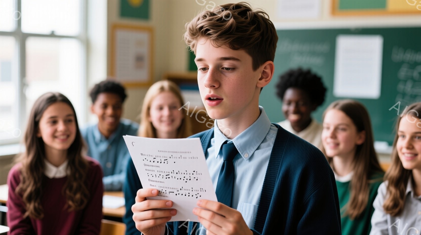 少年が楽譜を持って立っており、何かを熱心に読み上げているようだ。彼は青いシャツにネイビーのカーディガンを着用し、整髪された髪型で、真剣な表情をしている。背景には他の生徒たちが笑顔で彼を見つめており、教室内の明るい雰囲気と集中した様子が伝わってくる。