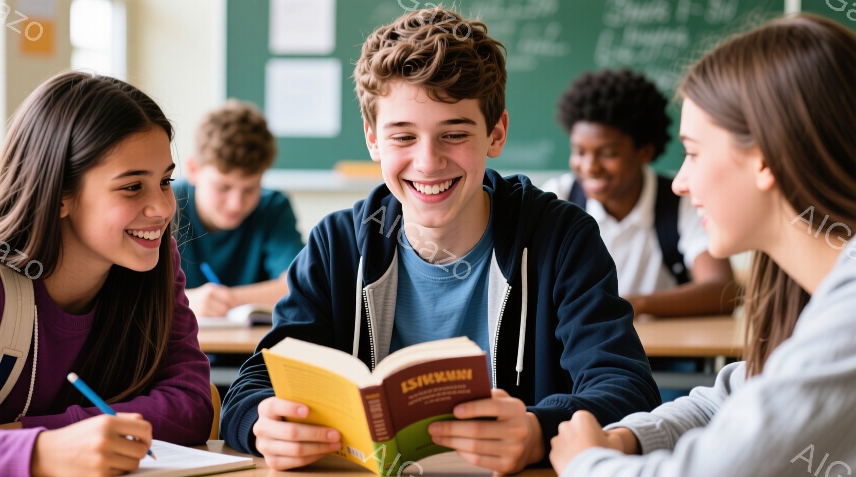 教室で、数人の生徒たちが机を囲んで座っています。中央の少年は紫色のパーカーを着て笑顔で本を読み、他の生徒たちはノートに書き込みながら彼を見ています。背景には黒板があり、生徒たちはリラックスした雰囲気で - AI生成フリー素材