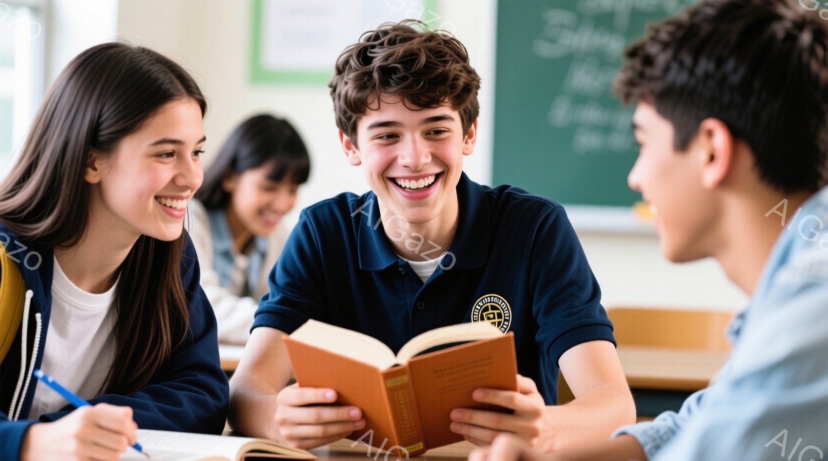 三人の学生が教室で本を囲んで座っています。中央の少年はポロシャツを着て笑顔で本を読み、周りの少女たちは彼を見て微笑んでいます。教室の黒板には文字が書かれており、明るく活気のある雰囲気です。 - AI生成フリー素材