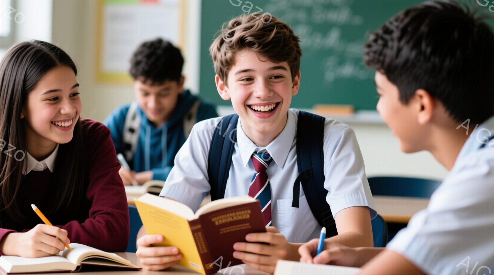 教室で、制服を着た少年が本を開いて笑顔で誰かと話しています。彼は茶色の髪で、ネクタイを締めており、とても楽しそうに見えます。背景には、他の生徒たちや黒板が見え、明るく活気のある学校の雰囲気が伝わってき - AI生成フリー素材