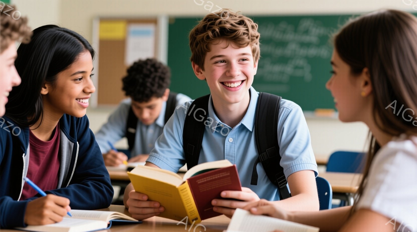 教室で生徒たちが机を囲んで座っており、一人の少年が本を開いて笑顔で誰かと話している様子が描かれている。少年はライトブルーのシャツを着ており、茶色の髪型で、リュックサックを背負っている。背景には他の生徒 - AI生成フリー素材