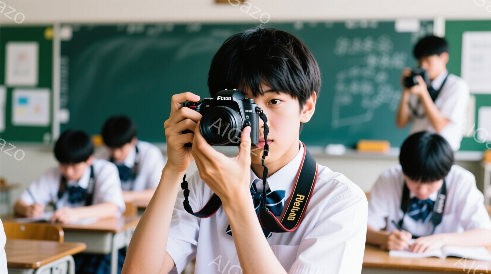 制服を着た男子生徒が、一眼レフカメラを構えて何かを撮影している。彼は黒髪で、真剣な表情でカメラのファインダーを覗いている。教室の背景には、他の生徒たちが机に向かって勉強している様子が見え、全体的に学習に集中した雰囲気が漂っている。