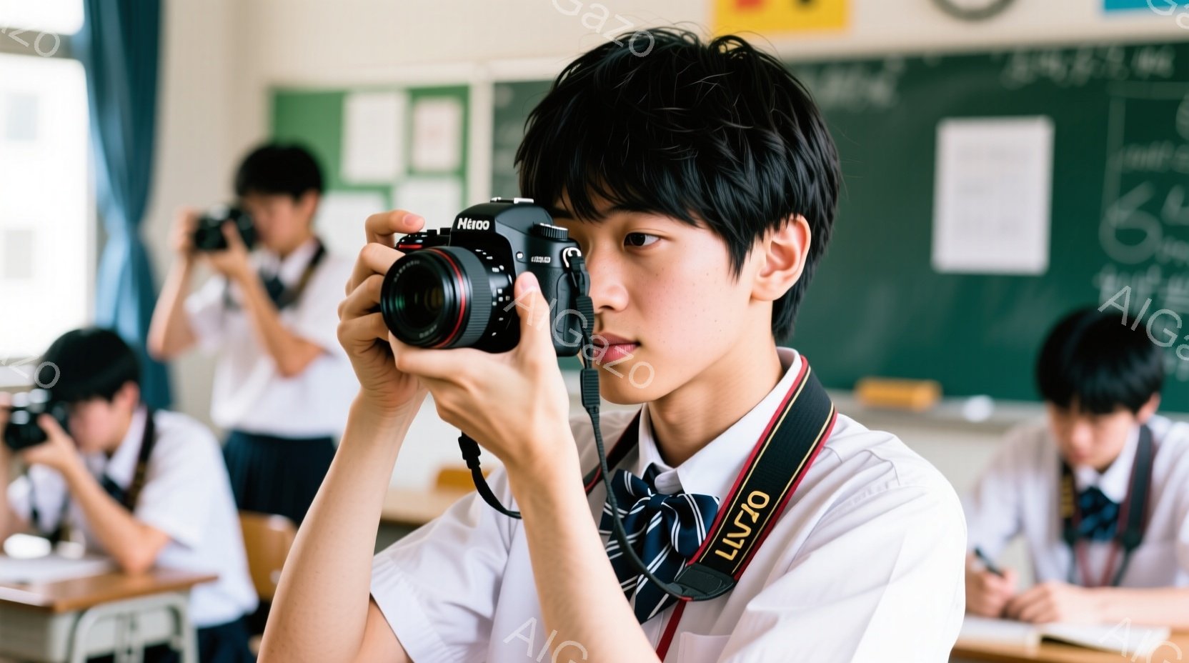 制服を着た男子学生が、一眼レフカメラを構えて何かを撮影している様子が写っている。彼は黒髪で、少し伏し目がちな表情をしており、集中しているように見える。教室の奥には他の生徒もおり、机に座って何かをしているが、焦点は主にカメラを構える生徒に当てられている。