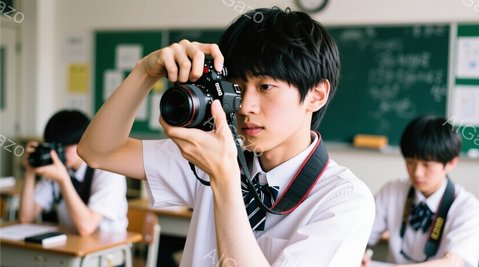 制服を着た男子学生が教室でカメラを構えている様子が写っている。彼は黒髪で、真剣な表情でカメラのファインダーを覗き込んでいる。教室には他の生徒もおり、机や黒板が見える、学習風景を写した一枚だ。 - AI生成フリー素材