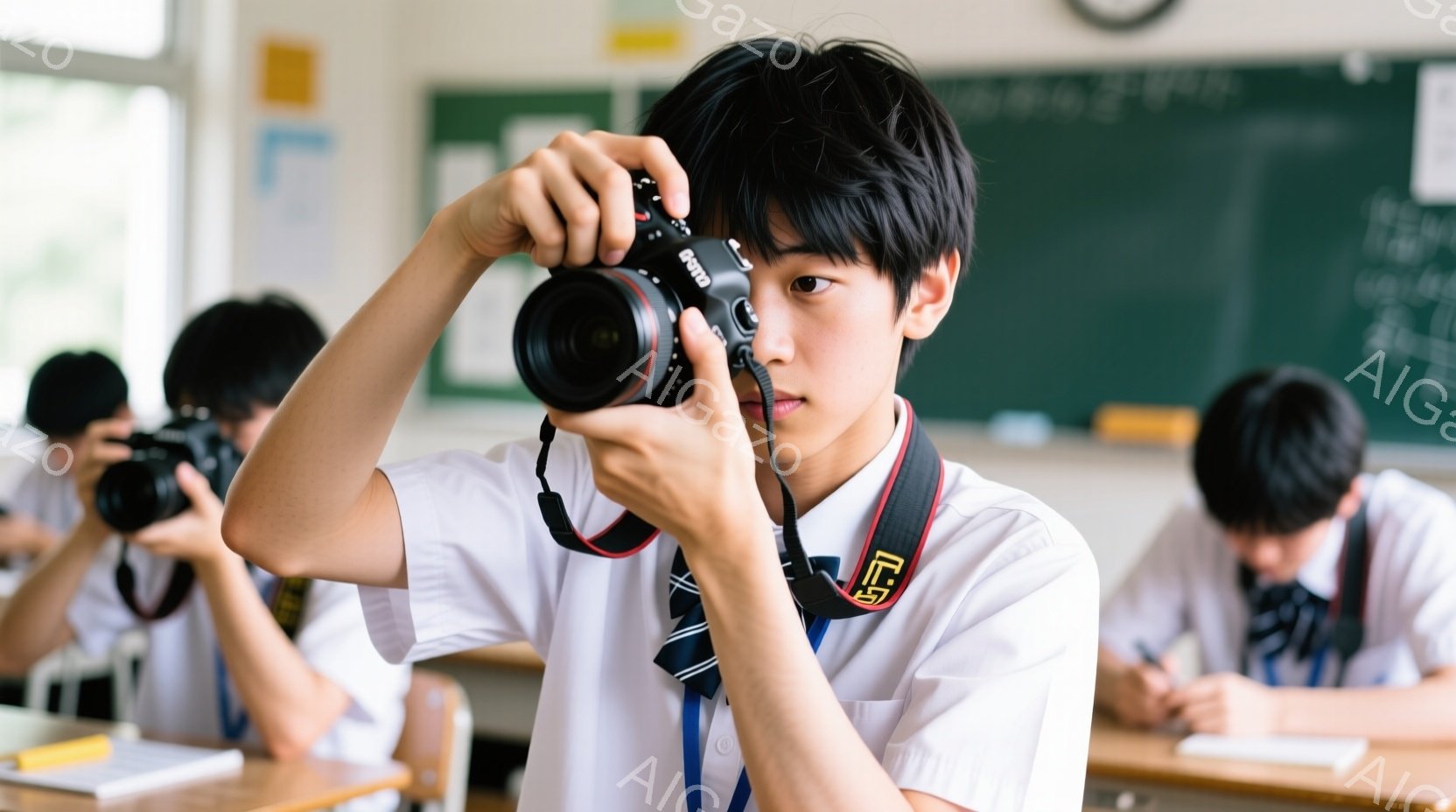 制服を着た男子生徒が教室でカメラを持って撮影している様子が写っている。彼は黒髪で、前髪が少し目にかかるようなヘアスタイル、真剣な表情でカメラのファインダーを覗き込んでいる。教室には他の生徒もおり、机に向かって何かを書いている様子が見える。