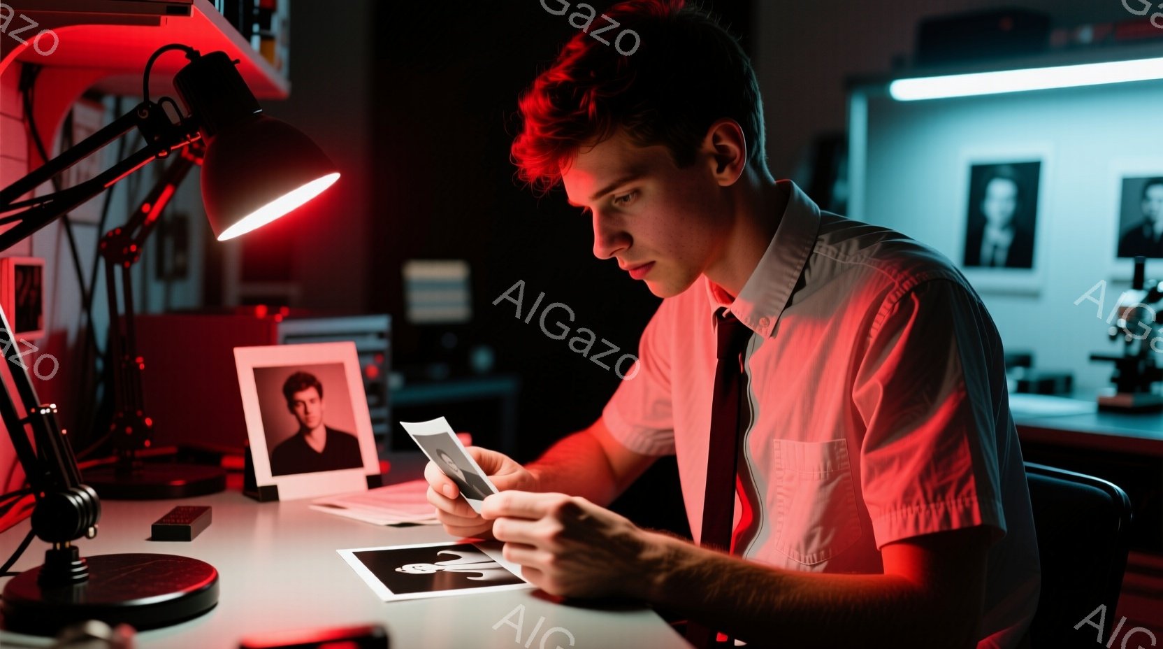 男は白いシャツに赤いネクタイを着ており、短く整えられた髪型をしている。彼は机に座り、手に写真を持って注意深く見つめている。背景には他の写真や機器が見え、赤い照明が差し込む室内は、どこかミステリアスで緊張感のある雰囲気を醸し出している。