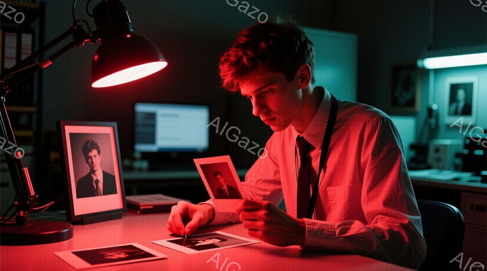 若い男性が、薄暗い部屋で写真を見つめている。彼は白いシャツにベストを着用し、髪は無造作にウェーブがかかっている。机の上には写真が散らばっており、背景にはファイルボックスやコンピューターモニターが見え、緊迫した探偵のような雰囲気を醸し出している。