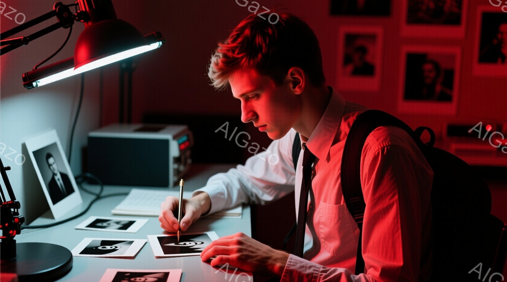 若い男性が、薄暗い部屋で写真や書類の散らばる机に向かっている。彼は白いシャツに黒いネクタイという服装で、少し無精毛の髪型をしている。顔は真剣な表情で、ペンを手に何かを調べている様子であり、緊迫した雰囲気を感じさせる。