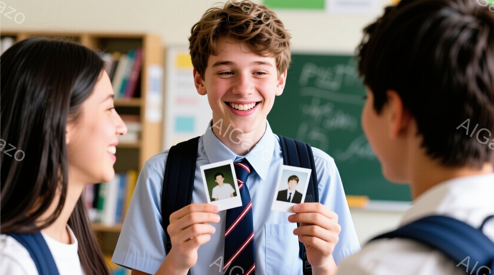 中学生くらいの少年が、ポラロイド写真を二枚手に持ち、満面の笑みを浮かべている。彼は青いシャツにネクタイ、制服のような服装をしており、黒髪を少し無造作にしている。背景には、緑色の黒板と他の生徒が見え、教 - AI生成フリー素材