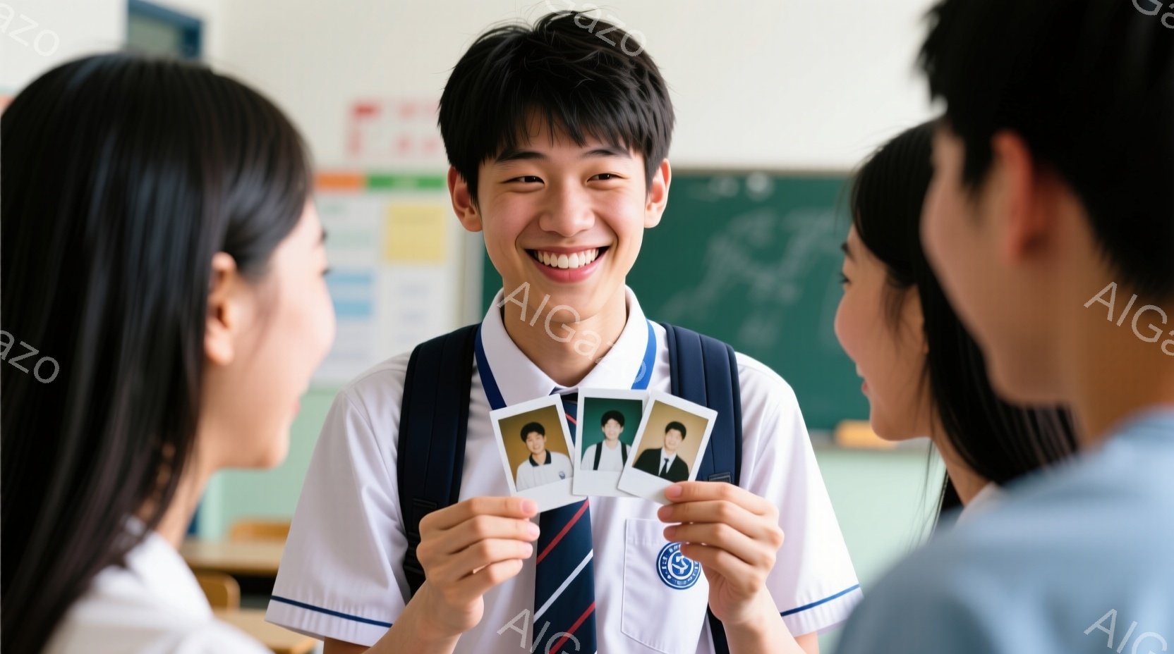 制服を着た少年が、クラスメートに見える二人の少女を挟み、笑顔で写真（おそらく証明写真）を三枚手に持っている。少年は短髪で、ネクタイを締め、明るい表情でカメラを見つめている。背景には教室らしき空間があり - AI生成フリー素材