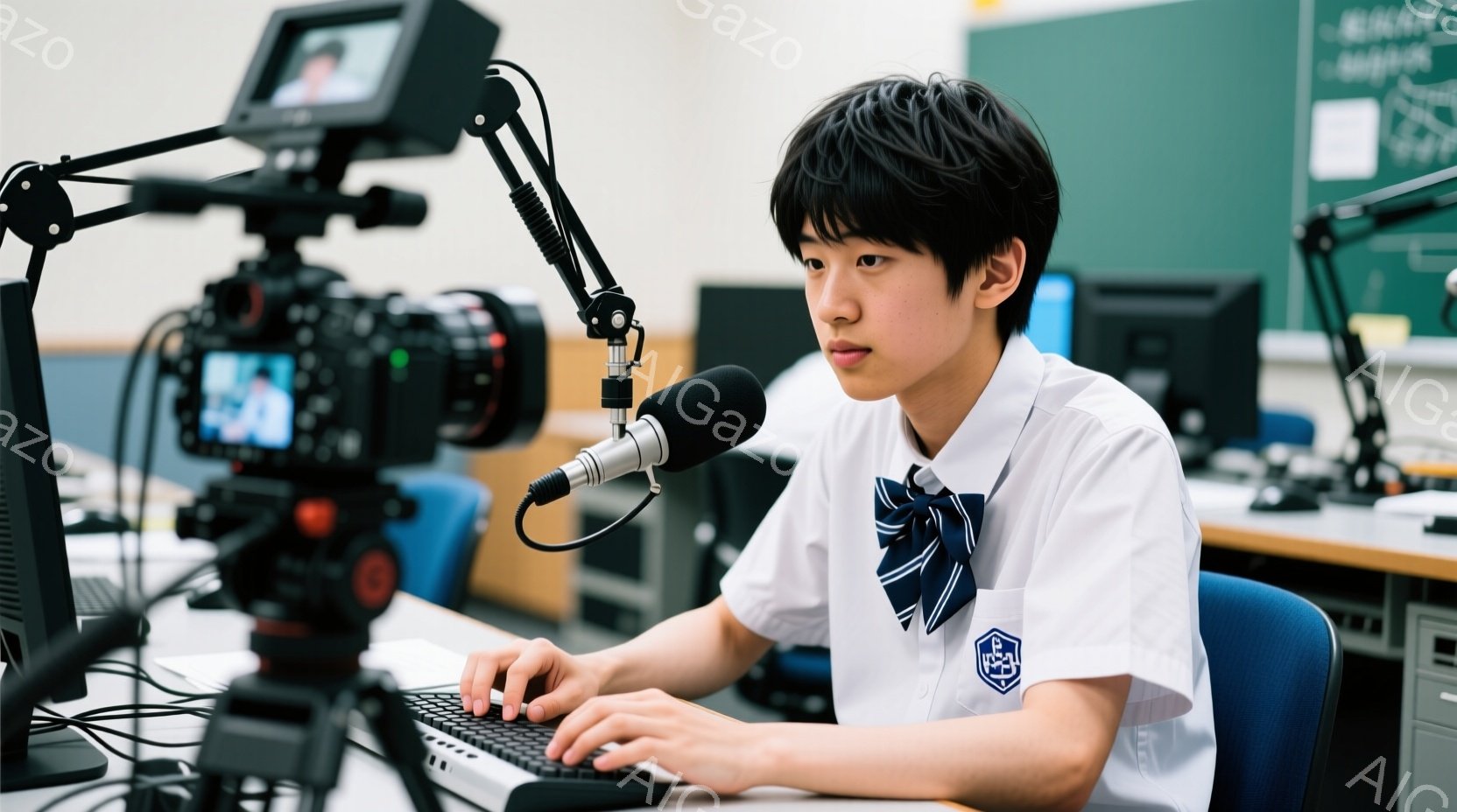 制服を着た少年がパソコンに向かってキーボードを操作している様子が写っている。彼は短い黒髪で、集中した表情で画面を見つめている。背景には、モニターやマイクなどの機材が配置され、教室の一室のような場所で撮影されている。