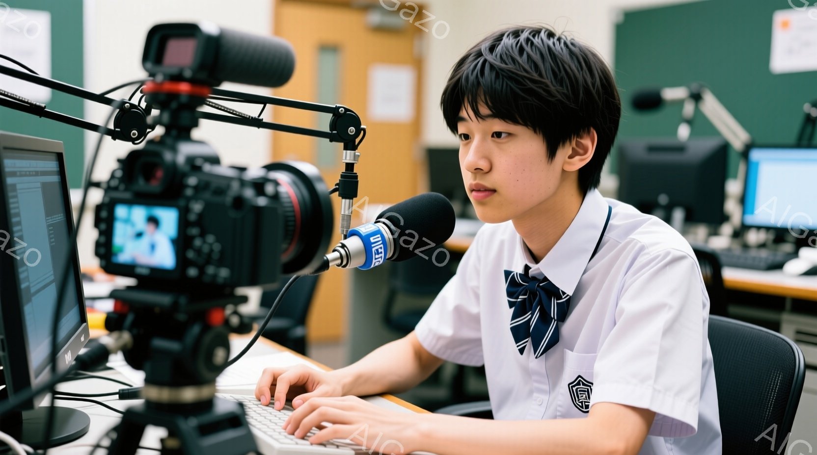 制服を着た若い男性がコンピューターに向かってタイピングしている。彼は黒髪で、少し緊張した表情をしている。背景にはカメラとマイクが設置されており、録画や配信をしている状況のようだ。